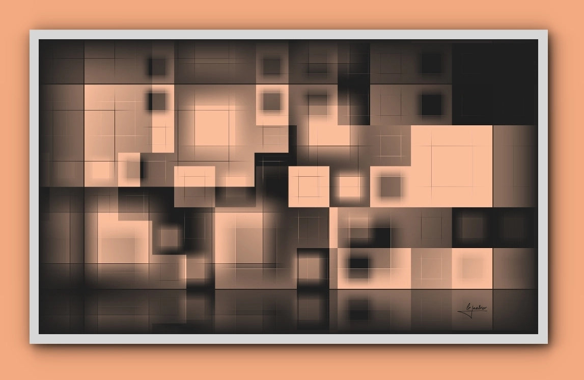 Abstract artwork of orange and black squares signed by LeJandrier, with a white frame and on an orange background