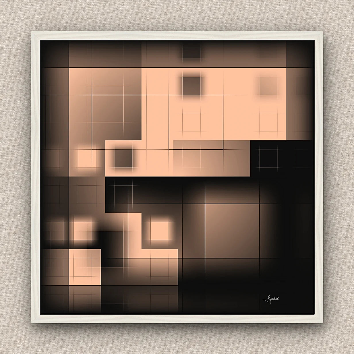 On a beige wall, abstract artwork of blurred squares in orange and black shades. Signed by Lejandrier and white framed.