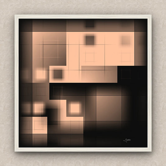 On a beige wall, abstract artwork of blurred squares in orange and black shades. Signed by Lejandrier and white framed.
