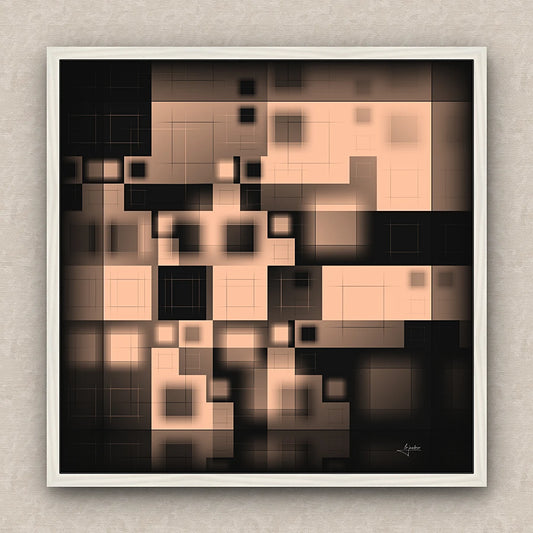 On a beige wall, abstract artwork of blurred squares in orange and black shades. Signed by Lejandrier and white framed.