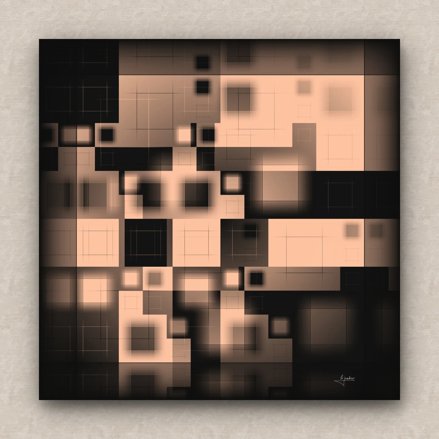 On a beige wall, abstract artwork of blurred squares in orange and black shades. Signed by Lejandrier.