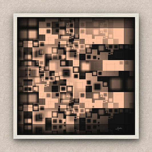 On a beige wall, abstract artwork of blurred squares in orange and black shades. Signed by Lejandrier and white framed.