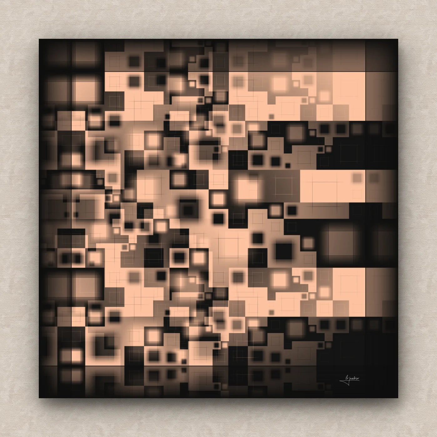 On a beige wall, abstract artwork of blurred squares in orange and black shades. Signed by Lejandrier.