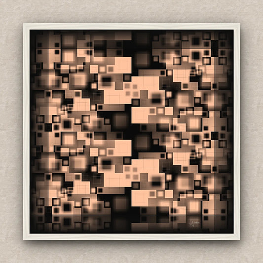 On a beige wall, abstract artwork of blurred squares in orange and black shades. Signed by Lejandrier and white framed.