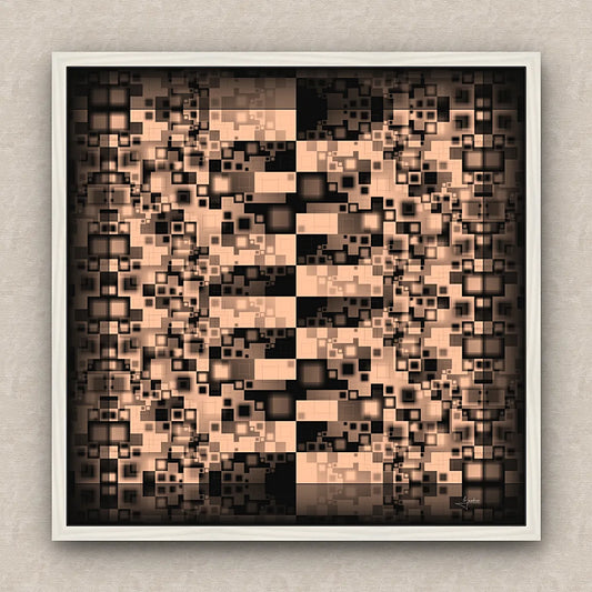 On a beige wall, abstract artwork of blurred squares in orange and black shades. Signed by Lejandrier and white framed.