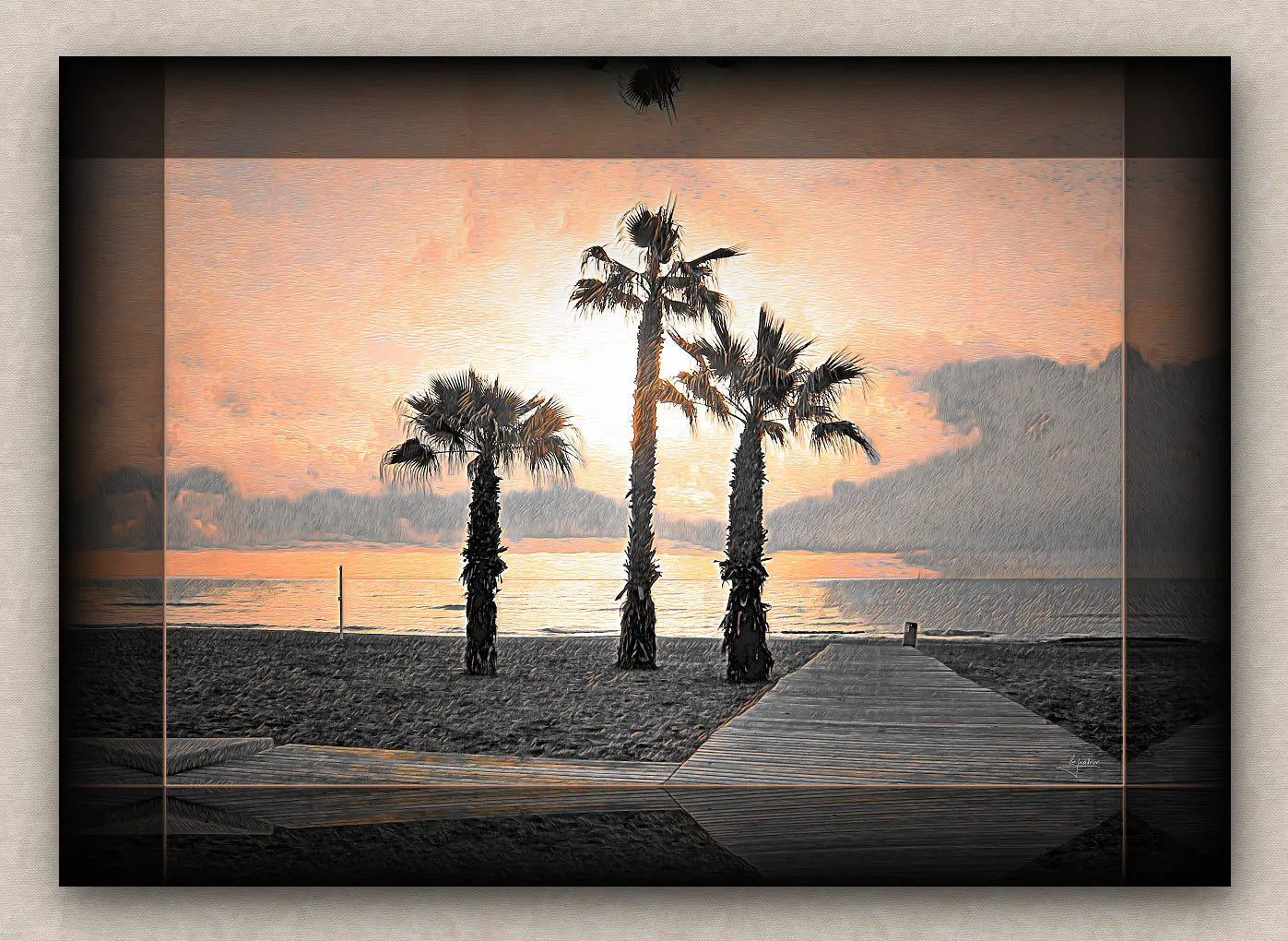Landscape artwork depicting a beach and palm trees; with dark borders, signed by Lejandrier and on a beige wall
