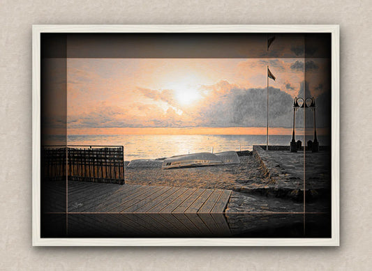 Landscape artwork of an old sea pier, boats and boardwalk; with dark borders and white frame, on a beige wall