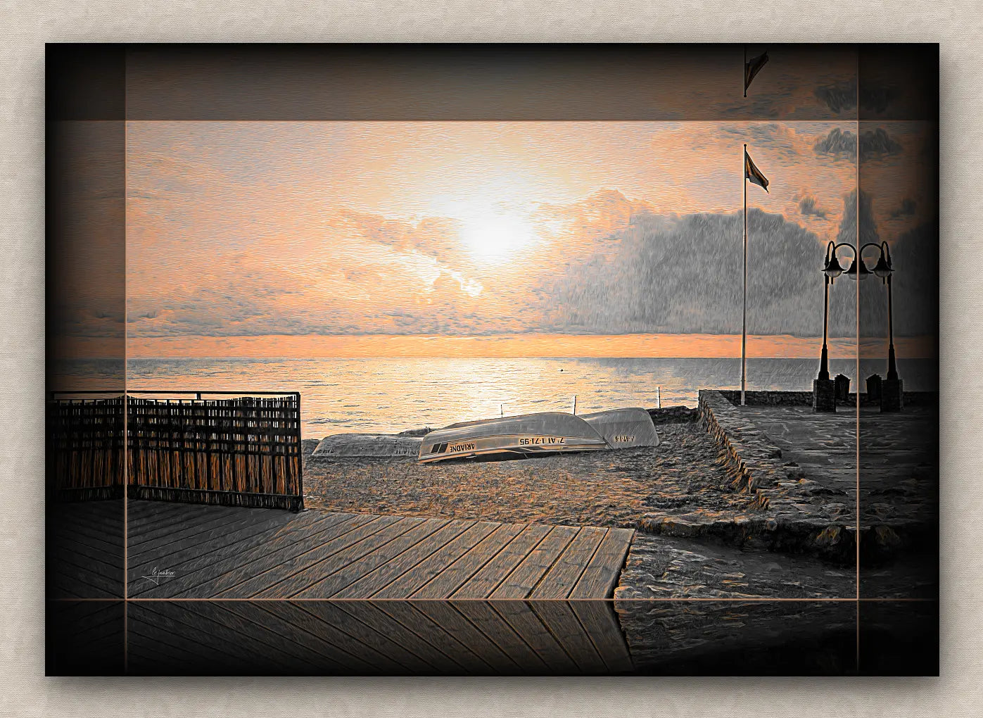 Landscape artwork of an old sea pier, boats and boardwalk; with dark borders, signed by Lejandrier and on a beige wall