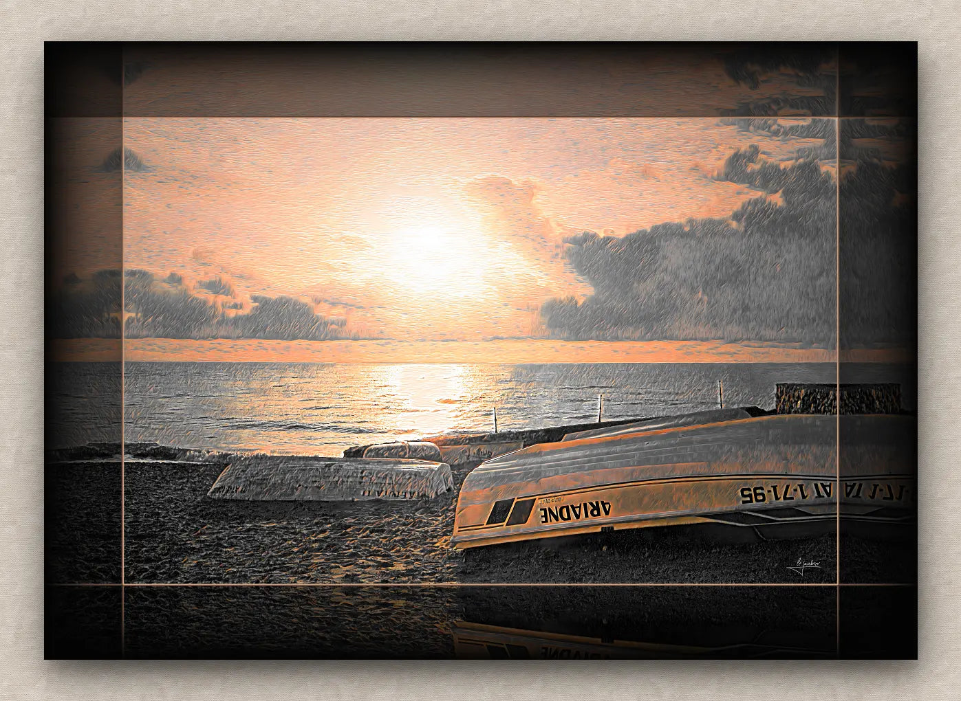 Landscape artwork of an old sea pier, boats and beach; with dark borders, signed by Lejandrier and on a beige wall