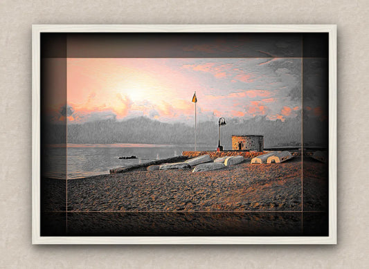 Landscape artwork of an old sea pier, tower and boats; with dark borders and white frame, on a beige wall