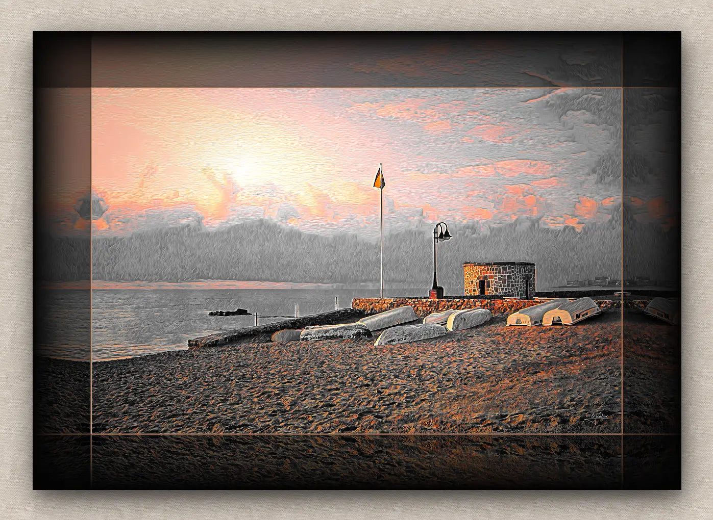 Landscape artwork of an old sea pier, tower and boats; with dark borders, signed by Lejandrier and on a beige wall