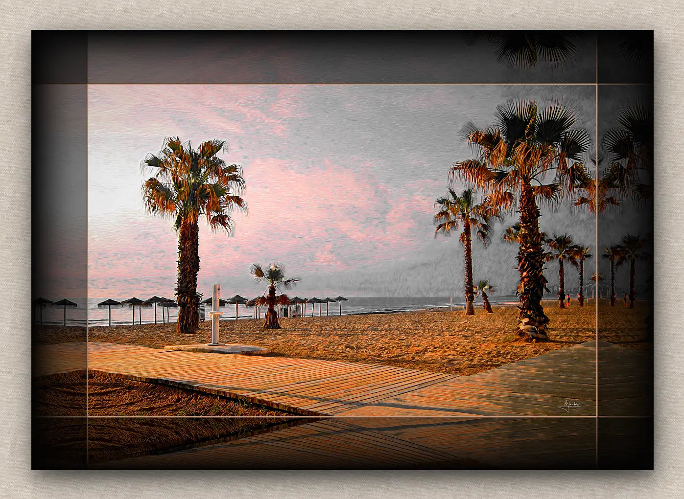 Landscape artwork of a beach and palm trees; with dark borders, signed by Lejandrier and on a beige wall
