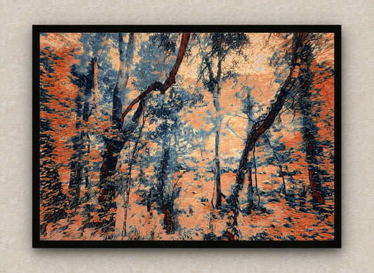 Black framed artwork of an eerie forest scene with exuberant trees and foliage in dark orange.