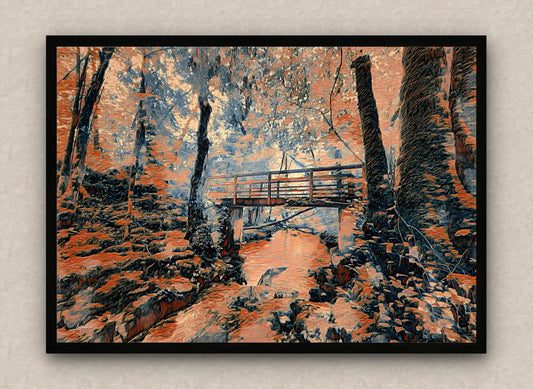 Black framed artistic depiction in obscure orange of a mysterious lush forest with a bridge over a stream.