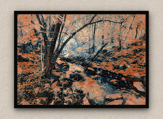 Black framed painting of an intriguing forest scene with exuberant vegetation and a stream, in dark orange hues.
