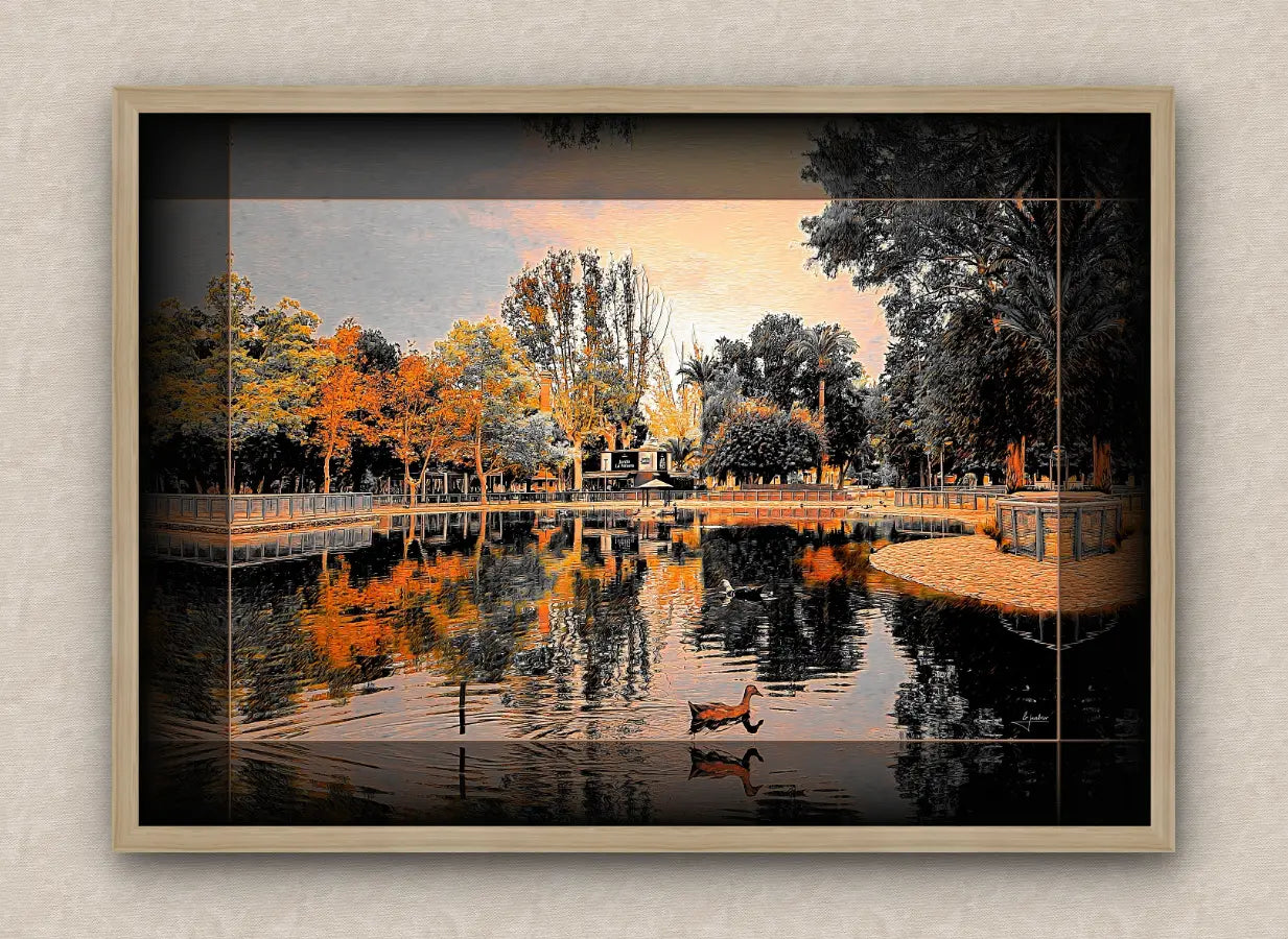 Landscape artwork with a black border and an oak frame, depicting a scenic reflection of trees and a duck in a pond.