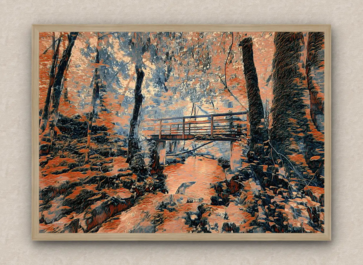 Oak framed artistic depiction in obscure orange of a mysterious lush forest with a bridge over a stream.
