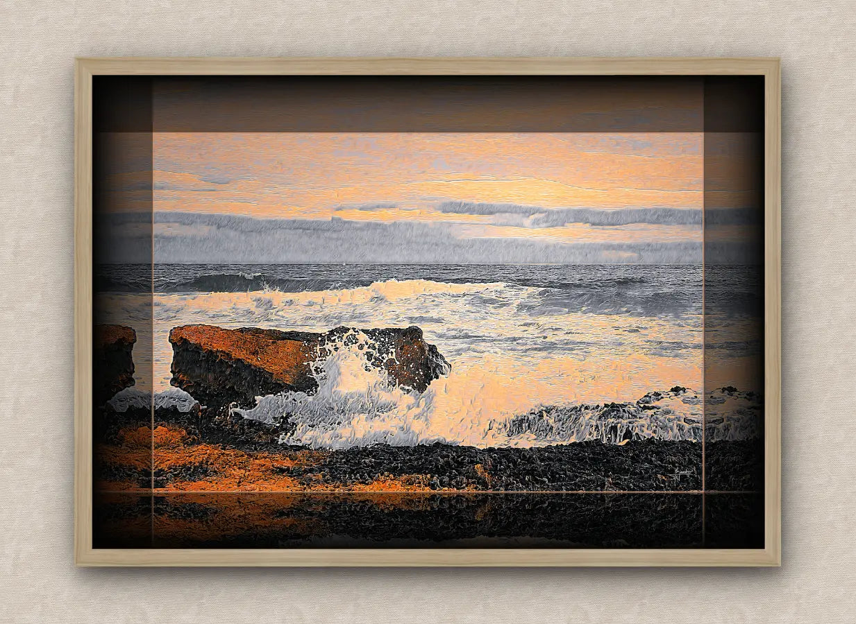 Oak framed artwork of an ocean scenery with rough sea and rocks
