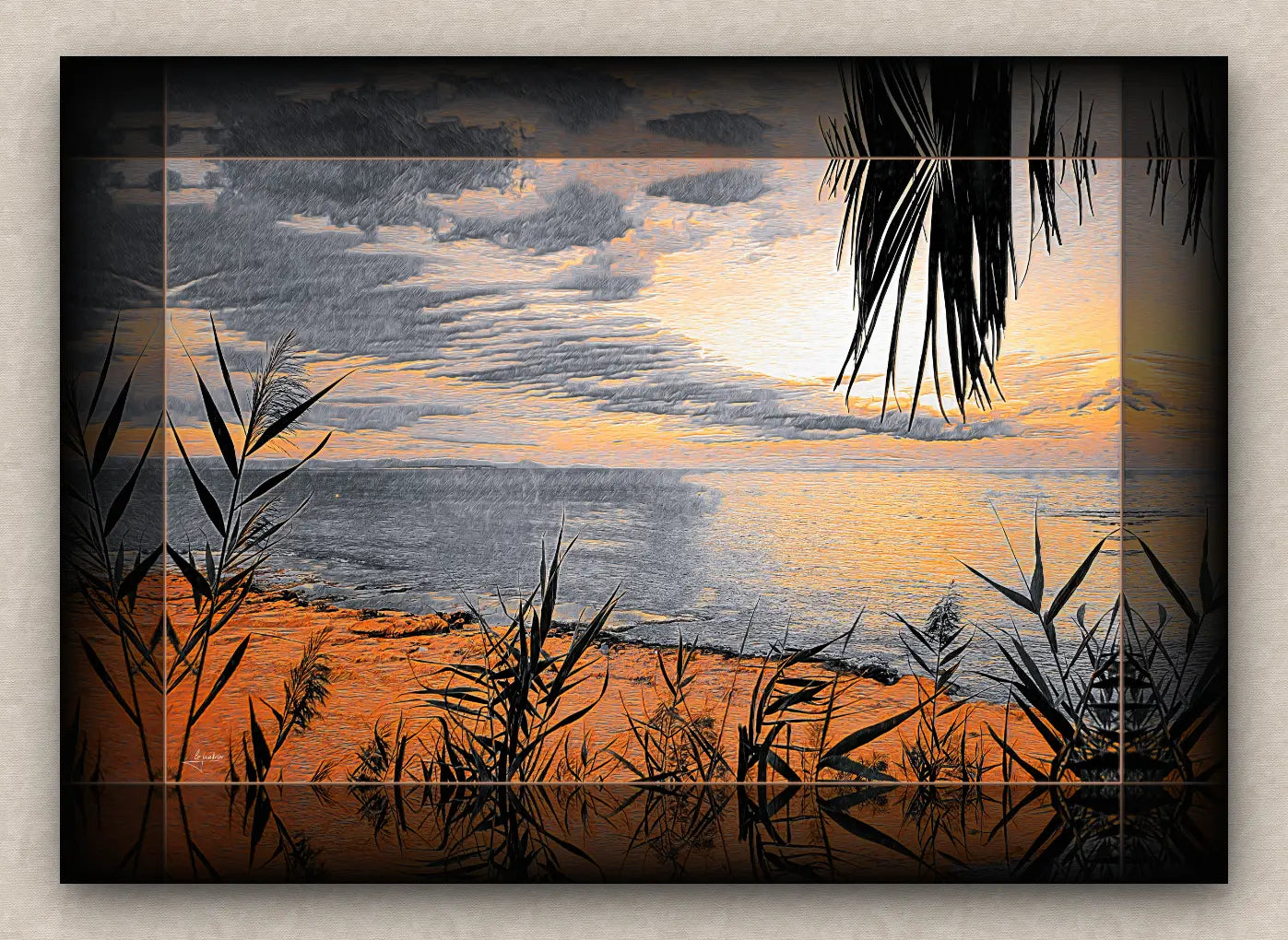 Seascape artwork of a sunrise over a beach with reeds and palm leaves in the foreground.