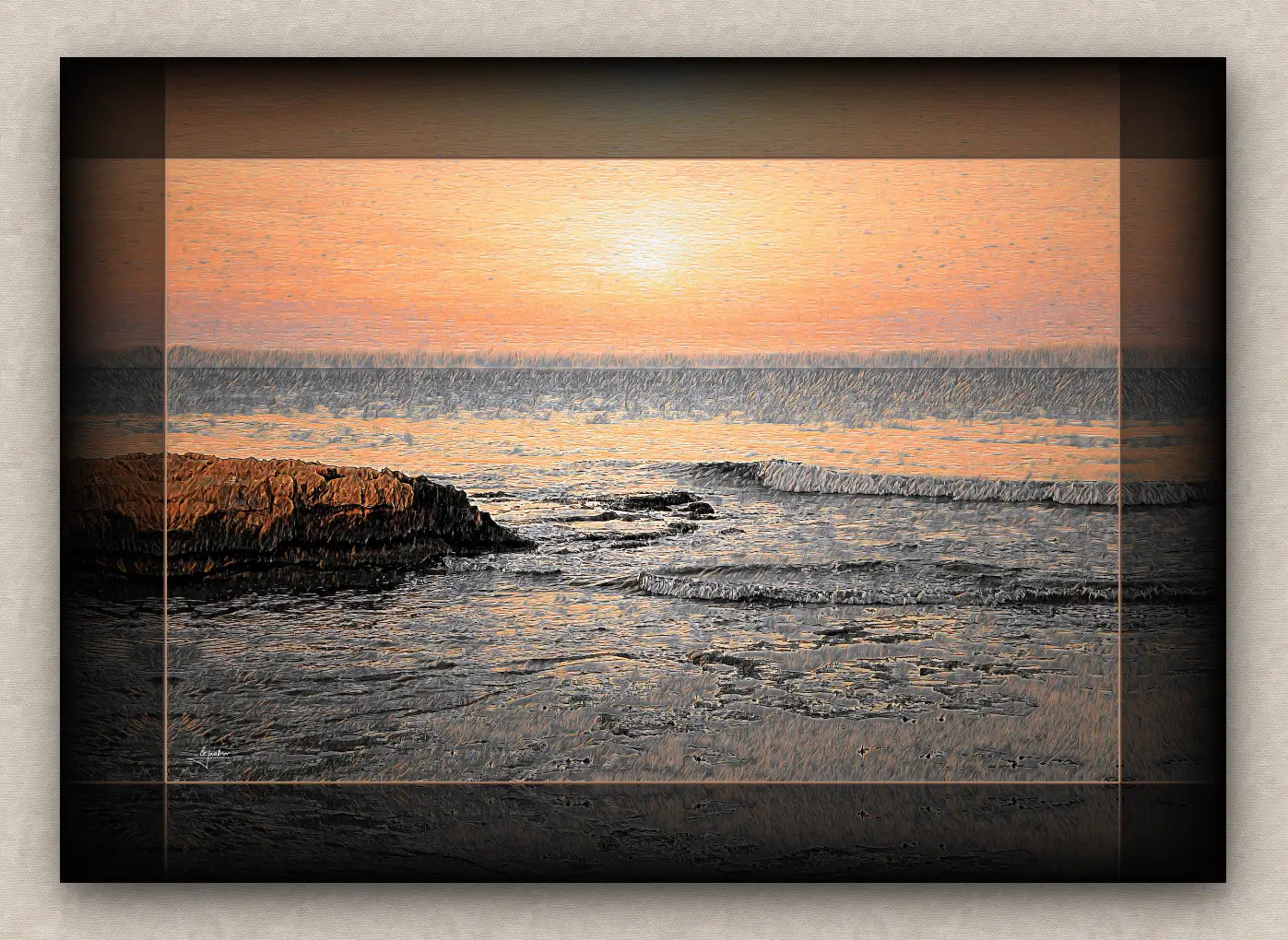 Seascape artwork of a sunrise over the ocean with rocks and waves in the foreground.