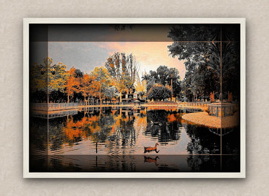 Landscape artwork with a black border and a white frame, depicting a scenic reflection of trees and a duck in a pond.