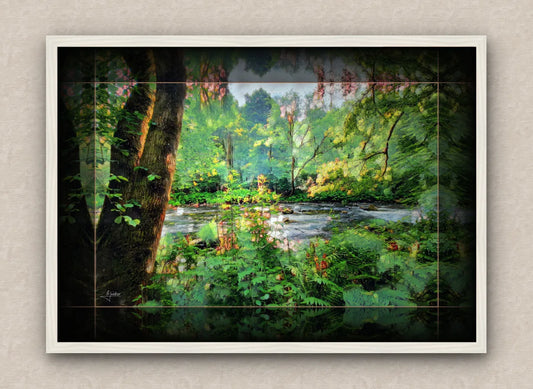 White framed wall art painting of a lush forest scene with a river.