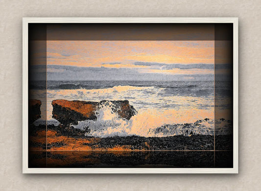 White framed artwork of an ocean scenery with rough sea and rocks
