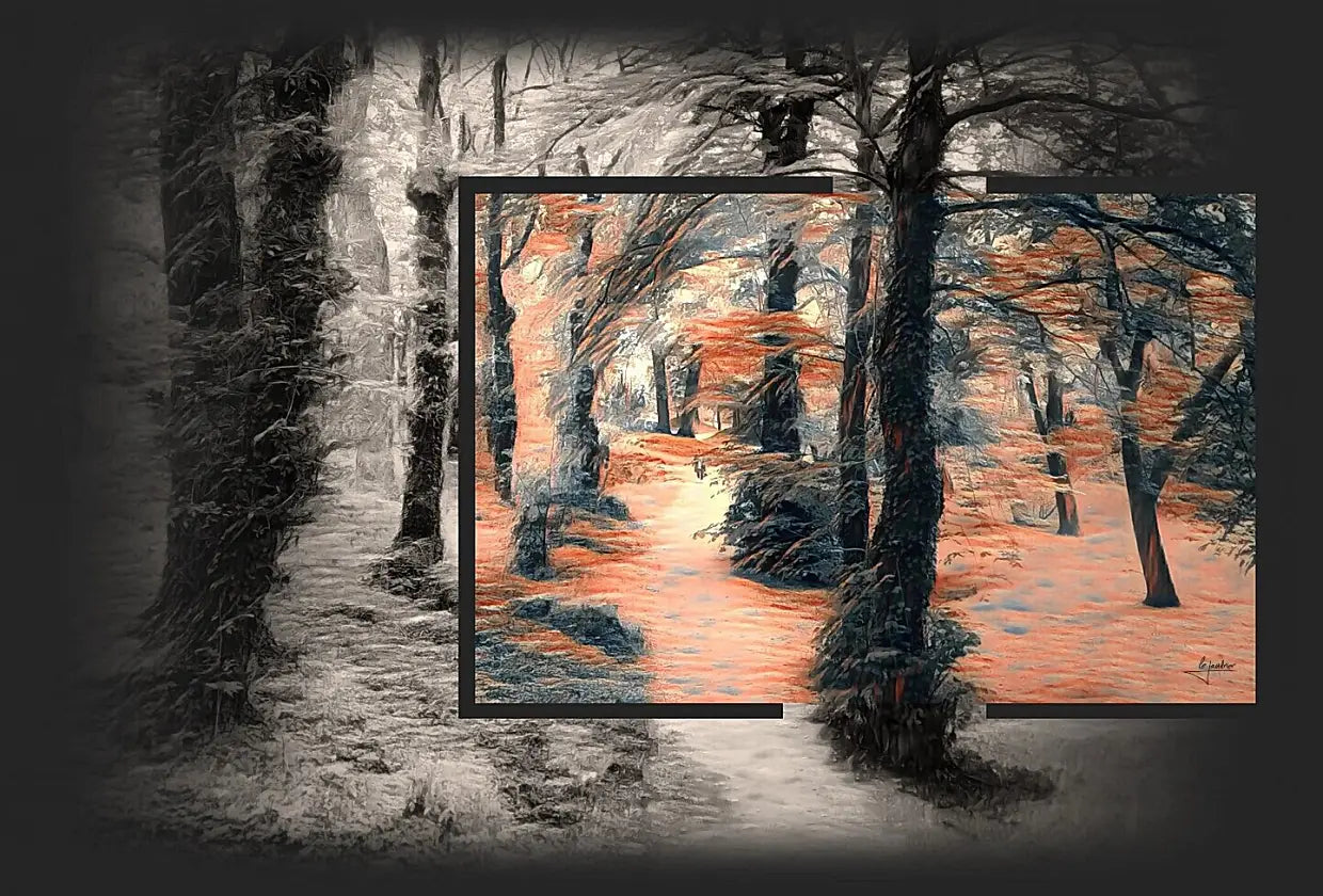Forest landscape artwork with a framed section in orange tones, the rest in grayscale; a tree breaks the frame