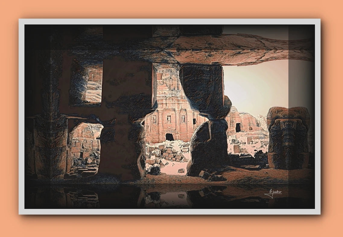 Landscape artwork signed by LeJandrier depicting ancient rock-cut architecture, with white frame, on orange background