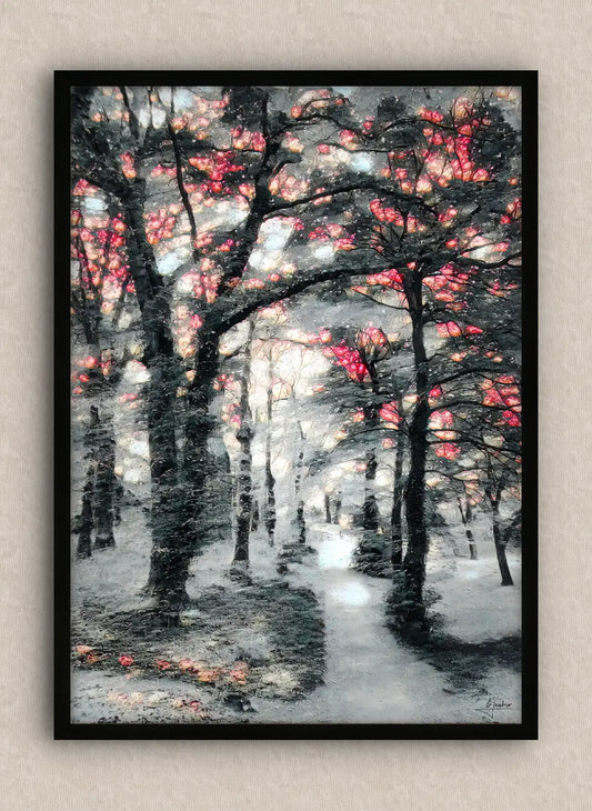 Winter scene wall art in portrait featuring a snowy forest, with a black frame