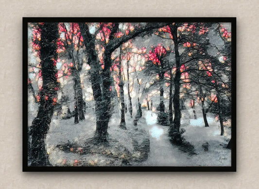 Winter scene wall art featuring a snowy forest, with a black frame