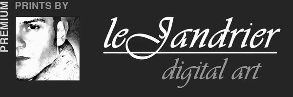 On dark background, grayscale logo including half a man's face and the text 'Premium Prints by LeJandrier Digital Art' in light tone