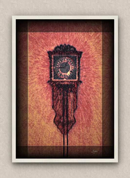 Flamed tones artwork of an old wall clock reading a quarter to one. With dark borders and white frame, on a beige wall.