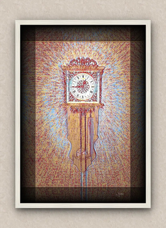 Primary colors artwork of an old wall clock reading a quarter to one. With dark borders and white frame, on a beige wall.