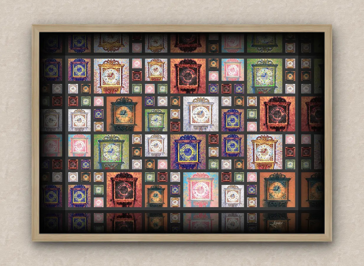 Colourful mosaic artwork of old wall clocks reading a quarter to one. With dark borders and oak frame, on a beige wall.