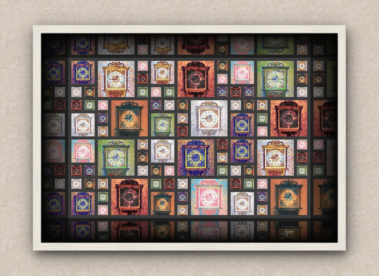 Colourful mosaic artwork of old wall clocks reading a quarter to one. With dark borders and white frame, on a beige wall.