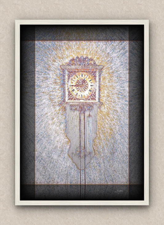 Muted tones artwork of an old wall clock reading a quarter to one. With dark borders and white frame, on a beige wall.