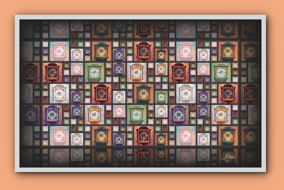 Still life artwork of a wall clock in a multiple colours mosaic, with LeJandrier signature and white frame, on orange background