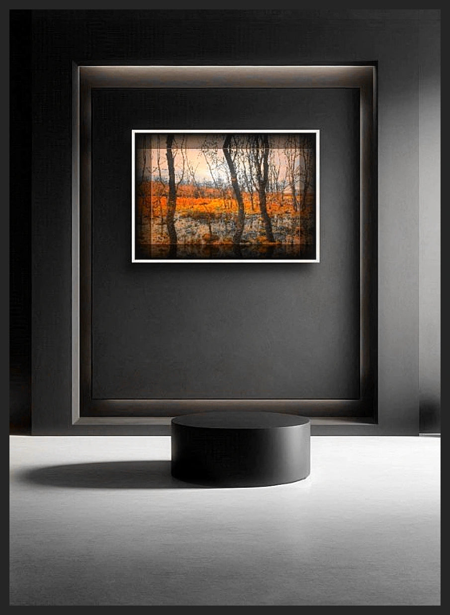 Landscape wall art framed print showcasing a forest orange-hued scene, exhibited on a recessed wall in a hall