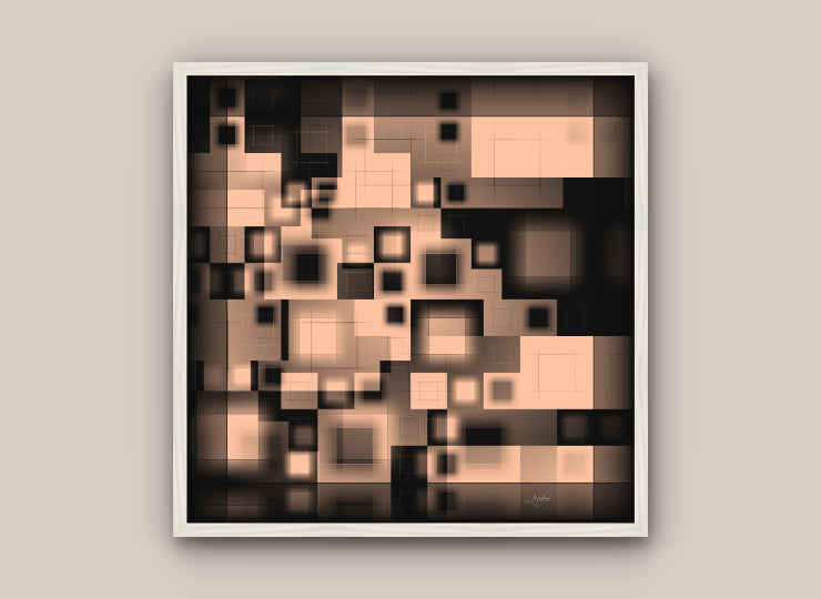 Abstract art print with geometric shapes in brown and black on a beige wall.