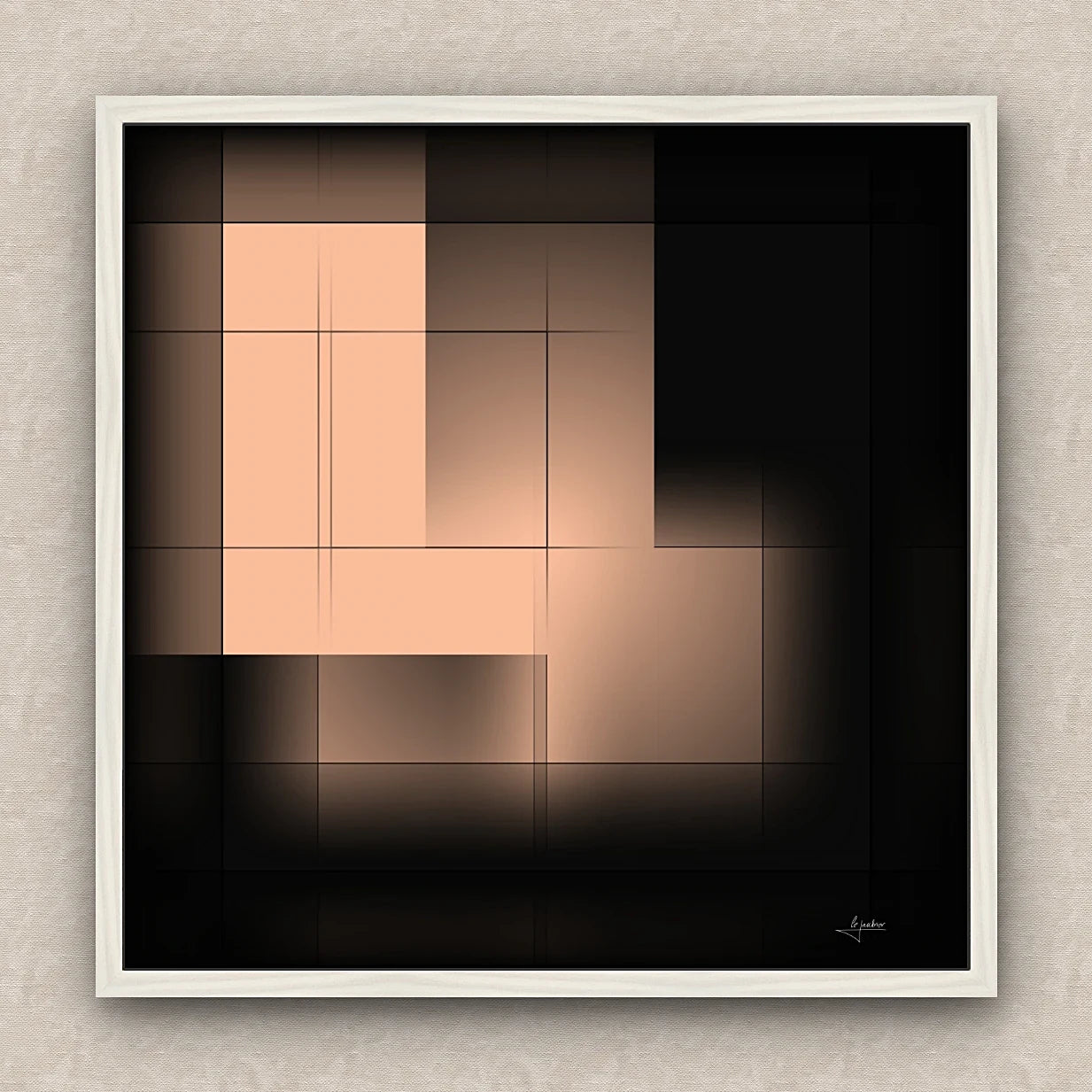On a beige wall, abstract artwork of blurred squares in orange and black shades. Signed by Lejandrier and white framed.