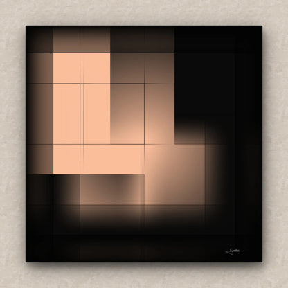 On a beige wall, abstract artwork of blurred squares in orange and black shades. Signed by Lejandrier.