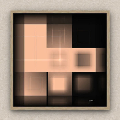 On a beige wall, abstract artwork of blurred squares in orange and black shades. Signed by Lejandrier and oak framed.