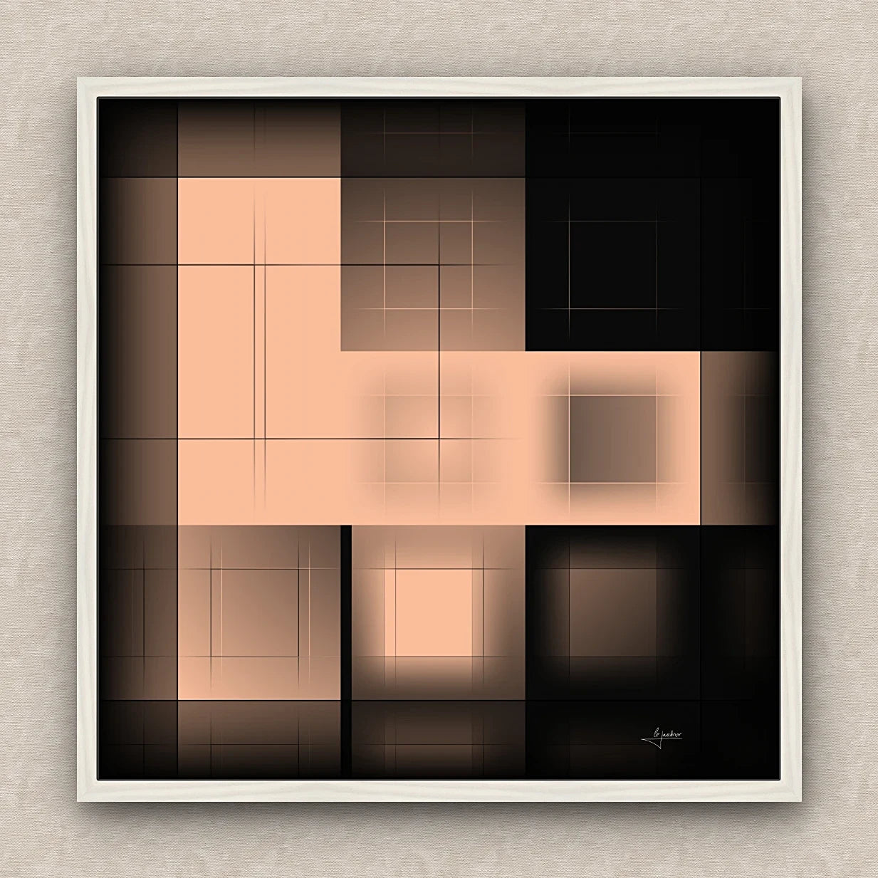 On a beige wall, abstract artwork of blurred squares in orange and black shades. Signed by Lejandrier and white framed.