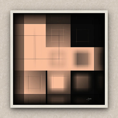 On a beige wall, abstract artwork of blurred squares in orange and black shades. Signed by Lejandrier and white framed.