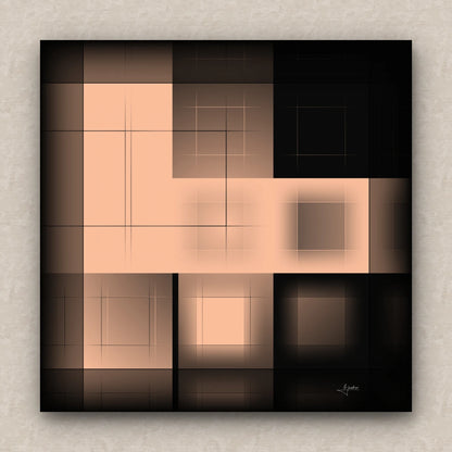 On a beige wall, abstract artwork of blurred squares in orange and black shades. Signed by Lejandrier.
