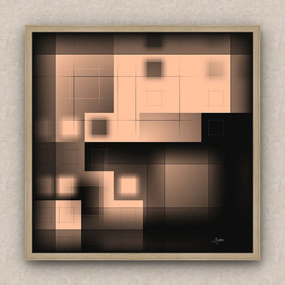 On a beige wall, abstract artwork of blurred squares in orange and black shades. Signed by Lejandrier and oak framed.