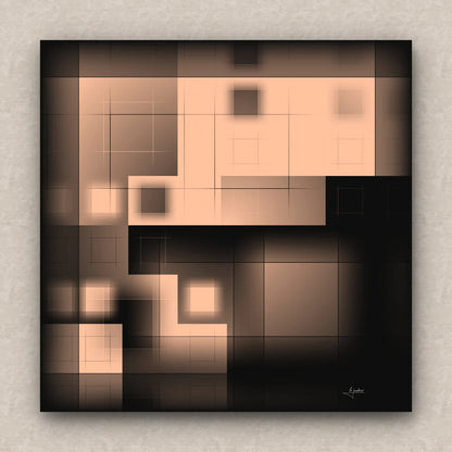 On a beige wall, abstract artwork of blurred squares in orange and black shades. Signed by Lejandrier.