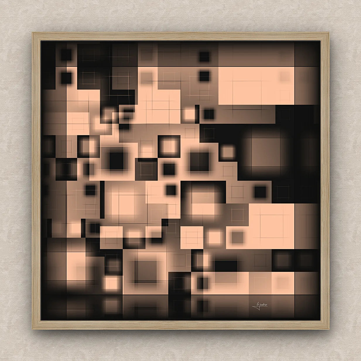 On a beige wall, abstract artwork of blurred squares in orange and black shades. Signed by Lejandrier and oak framed.