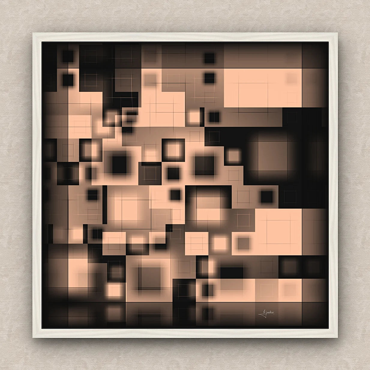 On a beige wall, abstract artwork of blurred squares in orange and black shades. Signed by Lejandrier and white framed.